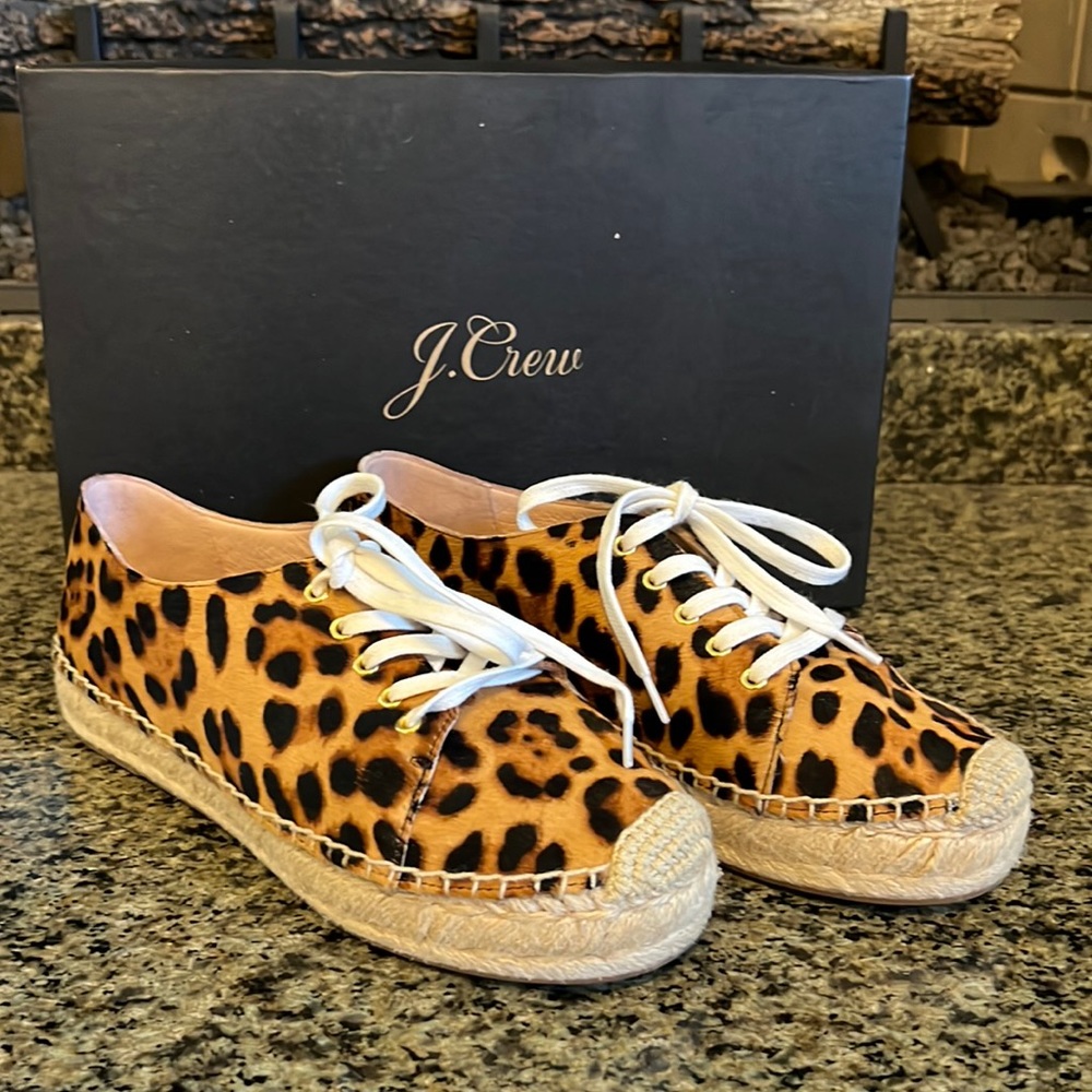 J. Crew Canvas Lace-Up Espadrilles in Calf Hair (Leopard/Rich Mahogany)